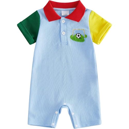 Baby Boy Soccer Outfit Newborn Short Sleeve Soccer Embroidery Romper Lapel Button Jumpsuit Infant Cute Summer Outfit
