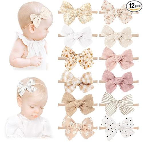 Niceye Handmade Hair Accessories: 12 Packs of Stretchy Nylon Headbands and Bows for Newborns, Infants, Toddler Girls