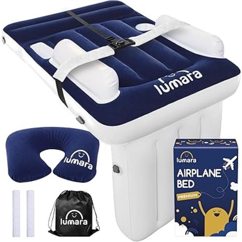 Premium Toddler Airplane Bed - Inflatable Airplane Bed for Toddlers, Plane Baby Mattress for Kids - Blow Up Air Mattress for Child Flight Sleep with Safety Belt, Innovative Valves, No Pump Needed