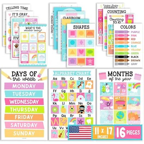 Hadley Designs 16 Educational Posters for Classroom Must Haves - Laminated Pre-K Posters for Toddler Homeschool Essentials, Toddler & Preschool Learning Activities, Kindergarten Classroom Decor