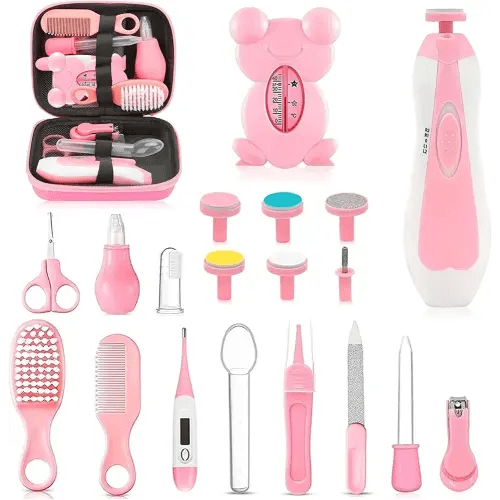 Baby Healthcare and Grooming Kit, 26 in 1 Portable Baby Safety Care Set with Hair Brush Comb Nasal Aspirator Electric Nail Trimmer Set Baby Essentials kit for Newborn Boys Girls (Pink)
