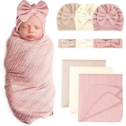 Newborn Receiving Blanket with Bow Hat Headband Set Wheat-Pattern Newborns Toddler Baby Boy Girl Nursery Swaddle Wrap