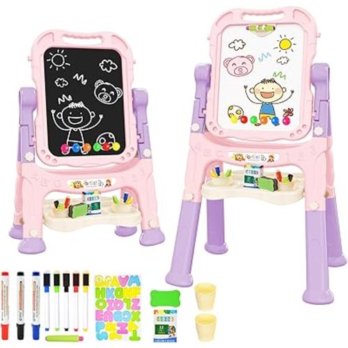Amagoing Easel for Kids, Adjustable Standing Art Easel for Toddler, Double Side White Chalk Board with Painting Accessories, Birthday Christmas Gift for Little Girls and Boy Age 3 4 5, Pink