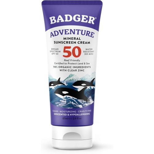 Badger Reef Safe Mineral Sunscreen, SPF 50, 98% Organic with Zinc Oxide, Non Toxic, Water Resistant, Unscented & Hypoallergenic, Broad - Spectrum, For Adventure & Sport, 2.9 fl oz