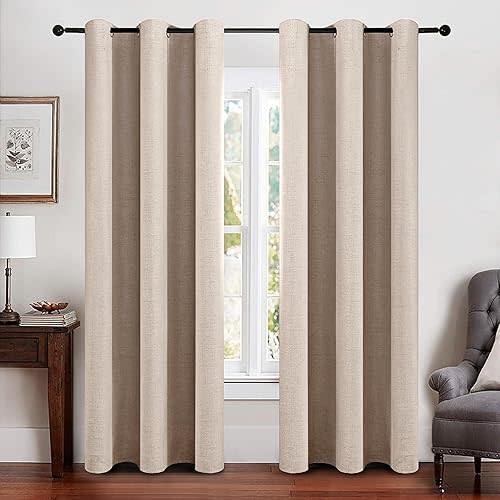 MIULEE 100% Blackout Linen Texture Curtains Soild Thermal Insulated Natural Beige Curtains Grommet Room Darkening Curtains & Drapes for Living Room Bedroom 42 x 84 (2 Panels)