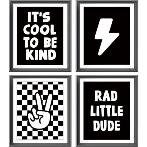 Retro Black White Checkered Preppy Lightning Peace Hand Sign Poster Prints for Boy Room Dorm Decor,Rad Little Dude Funny Decorations Prints Wall Art Unframed 4pcs 8x10inches,Teen Boys Gifts (8W×10L)