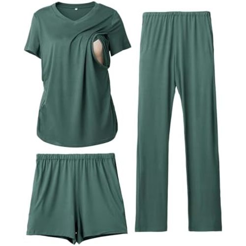 Rnxrbb 3 Piece Maternity Nursing Pajamas Set for Women Postpartum Pjs