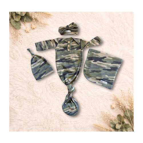 Camo Newborn Baby Gown, Hat, Headband & Swaddle Blanket, Gender Neutral Baby Outfit