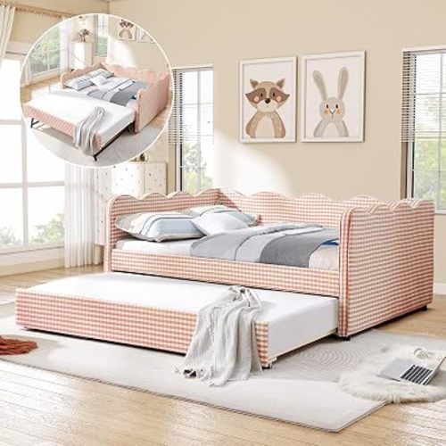 Full Size Daybed with Pop Up Trundle, Linen Gingham Full to King Daybed with USB Ports, Upholstered Day Bed Frame, Modern Sofa Bed for Living Room/Bedroom/Guest Room, No Box Spring Needed, Pink