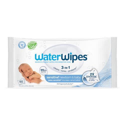 WaterWipes Sensitive+ Newborn & Baby Wipes, 3-In-1 Cleans, Cares, Protects, 99.9% Water, Unscented & Hypoallergenic, 60 Count