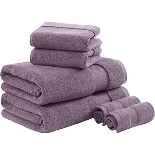 Madison Park Turkish 100% Cotton Towel Set, 600Gsm Luxury Premium Weight, Soft Absorbent Hotel Bathroom Shower Hand Face Washcloths, Assorted Sizes Purple 6 Piece