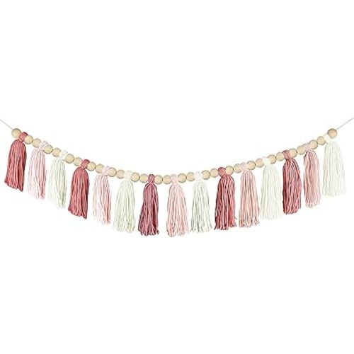 Boho Yarn Tassel Garland - Handmade Wall Hanging Decor for Nursery, Baby Shower, Kids Room, Classroom, Birthday Party - Macrame Tassels Banner for Bedroom, Office, Home Decoration (Pink)