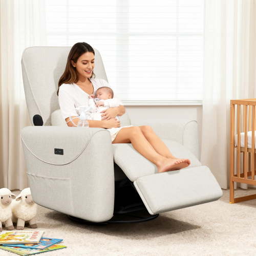 SERWALL Nursery Rocking Chair with 270° Swivel, Swiverl Glider Rocking Chair with USB-C Port & Speaker, Beige
