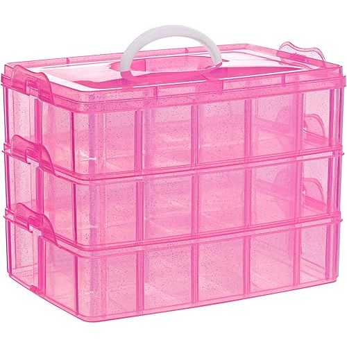 SGHUO Bead Organizers and Storage 3-Tier Pink Craft Container Stackable Box with Dividers for Art Supplies, Washi Tapes, Seed, Hair Accessories, Nail, 9.5X6.5X7.2in