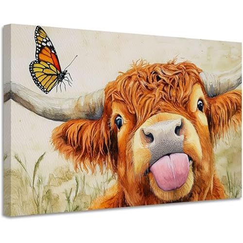 CGXLB Playful Highland Cow Wall Art Cattle & Butterfly Painting Country Bovine Portrait Farm Animal Decor for Bathroom Nursery Kids Room Farmhouse 12"x18"