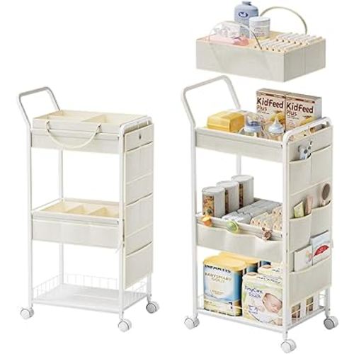 BBLIKE 3-Tier Diaper Caddy Organizer - Rolling Utility Baby Cart with Basket and Side Pockets for Nursery and Baby Essentials, Multi-Function Cart for Bedroom and Bathroom, Begie