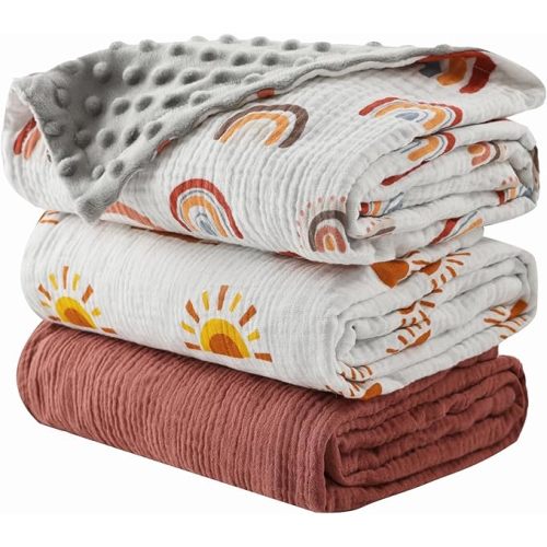 3 Pack Soft Boho Baby Gender Neutral Blankets for Newborn Baby Girls or Boys Unisex Nursery Toddler Baby Throw Blanket Double Layer Blankets with Dotted Backing Sun Rainbow Printed (Boho)