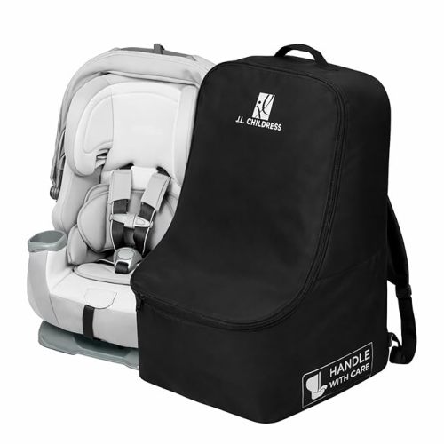 J.L. Childress Padded Backpack Car Seat Bag - Car Seat Travel Bag for Airplane, Fits Most Baby & Infant Carriers & Bootsters, Accessories for Gate or Baggage Check, AirTag Compatible - Deluxe, Black