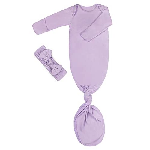Newborn Baby Knotted Gown, Super Soft Silky Infant Long Sleeve Sleeper for Baby Girl and Boy Sleeping Bag with Hat