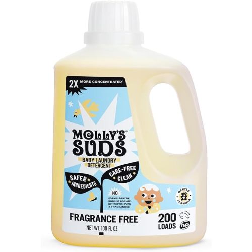 Molly's Suds Baby Liquid Laundry Detergent | Removes Formula, Poop & Spit-Up Stains | Extra Gentle for Infants, Babies, Toddlers (Fragrance Free, 200 Loads)
