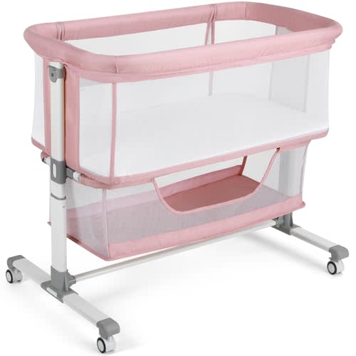Cowiewie Bassinet Bedside Sleeper, Portable, Breathable, Adjustable Baby Bedside Bassinet for Peaceful Nights, Pink