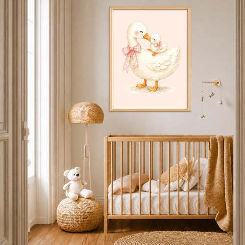 Pink Goose Nursery Wall Art, Mama & Baby Goose Print, Baby Girl Nursery Decor, Farmhouse Animal Poster, SS219 , Poster Print Only