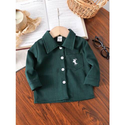 SHEIN Vintaside Kids Baby Boys' Moss Green Equestrian Embroidery Pocket Decor Long Sleeve Shirt, Casual & Fashionable For Outings Or Staying At Home | SHEIN USA