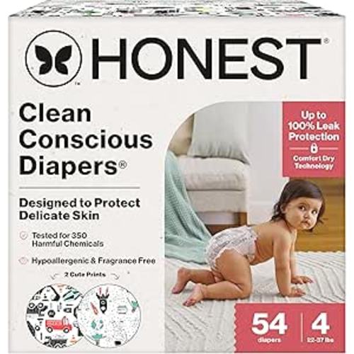 The Honest Company Comfort Dry Disposable Diapers for Sensitive Skin, Hypoallergenic, Fragrance-Free, Space Travel + Big Trucks, Club Box, Size 4 (22-37 lbs), 54 Count