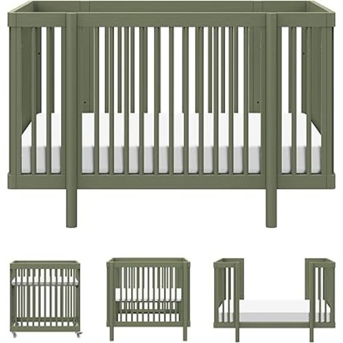 Babyletto Pogo Convertible All-Stages® Bassinet, Midi, Full-Size Crib in Olive Green, GREENGUARD Gold Certified, Portable & Adjustable with Conversion Kits and Pads Included