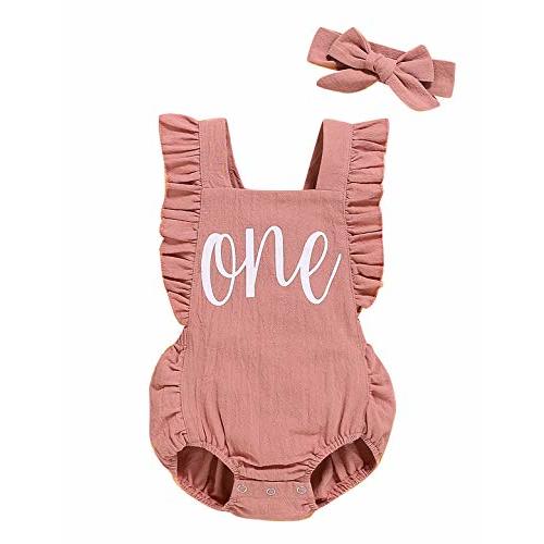 Shalofer Baby Girl First Birthday Outfit 1st Birthday Bodysuit with Headband