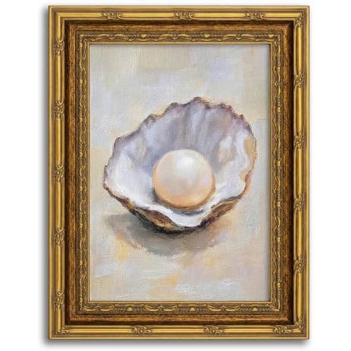 Vintage Pearl Oyster Canvas Wall Art, Retro Seascape Print Painting Picture Poster, Elegant Coastal Wall Decor Artwork for Home Decoration, Framed Living Room Bedroom Wall Decor 9x11 in