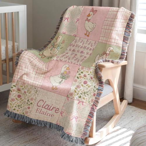 Personalized Baby Girl Woven Blanket, Floral Goose, Coquette Nursery Decor