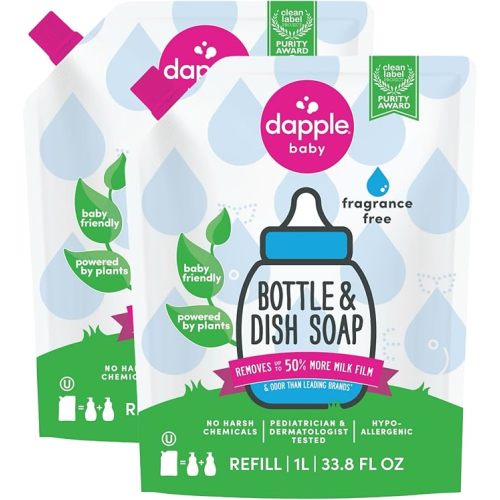 Dapple Baby Fragrance-Free Bottle & Dish Soap Refill Pouch - (2 Pack) 33.8 fl oz - Plant-Powered Cleaner for Baby Bottles, Pump Parts, and Sippy Cups