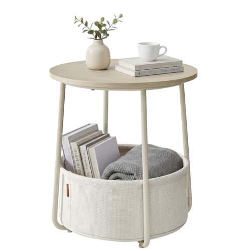 SONGMICS HOME Small Side Table, Round End Table, 2 Tier Nightstand with Basket, U Shaped Steel Legs, Easy Assembly, for Living Room, Bedroom, Beige and White