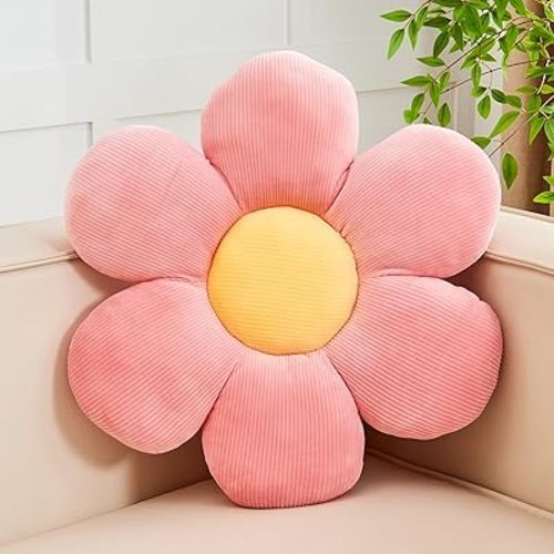 Pink Flower Pillow, 14.9" Cute Flower Shaped Floor Pillow, Aesthetic Floral Plush Daisy Decorative Throw Pillows for Bed Sofa Couch