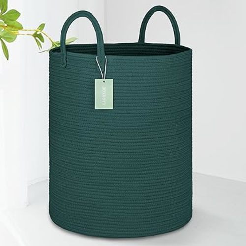 Large Laundry Hamper Basket for Girls Boys Kids 65L, Tall Nursery Hamper with Handles, Woven Blanket Basket for Storage Toys Clothes Towels, 16”x 20”, Dark Green