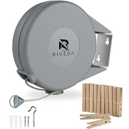 Retractable Clothesline - Portable Heavy Duty Indoor and Outdoor Washing Line - 45 Feet PVC Retracting Clothes Line with Wall Mount Hang the Wet Dry Clothing Laundry - Easy Installation (Grey)