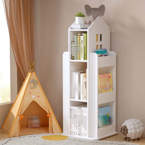 Petoto 360° Rotating Bookcase, 37.4" Book & Toy Storage Organizer Rack, White Corner Bookshelf Tower, Home Office Furniture