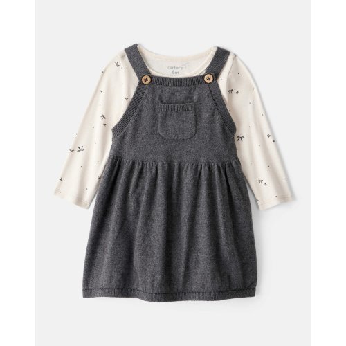 Baby Girl Bow Print Cotton Long-Sleeve Dress Set - Grey | Carter's