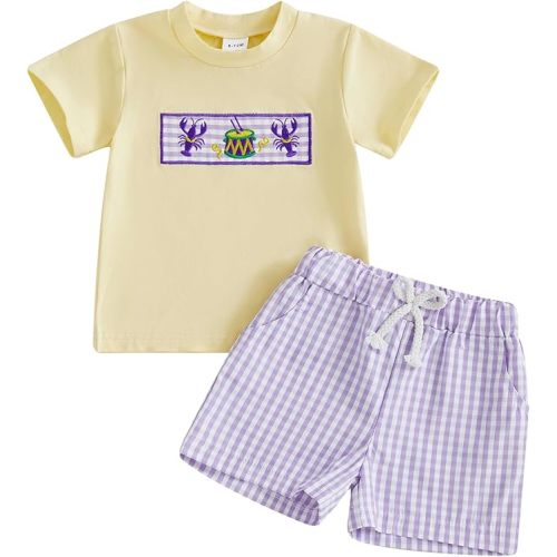 Baby Boy Mardi Gras Outfit Embroidery Short Sleeve T Shirt and Plaid Shorts Toddler 2 Piece Carnival Clothes Set