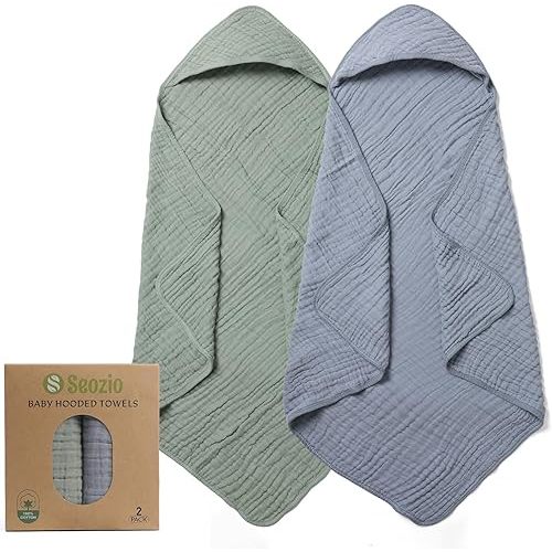 Hooded Baby Bath Towels for Newborn, 2 Pack 100% Cotton 32x32Inch Baby Bath Towel with Hood for Babies, Infant, Toddler and Kids, Soft and Absorbent Newborn Essential (Green and Grey)