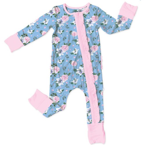 Baby Lillian Floral Ruffle Convertible Zip Footie, 3-6M, Blue