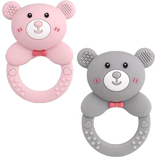 Baby Bear Teething Ring Rattle, Soft Silicone Teether Toy, Grey Pink