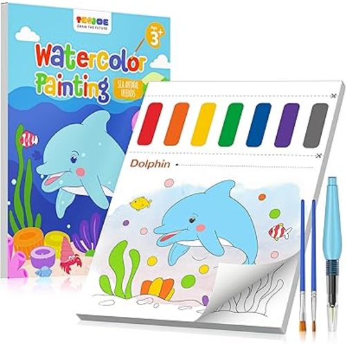 TECJOE Paint with Water Coloring Books for Toddlers, Marine Animal Series Watercolor Set with 3 Brushes, Mess Free Painting Activity for Kids Ages 4 5 6 7 8, Christmas Gifts Arts & Crafts Toy