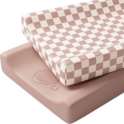Konssy Waterproof Changing Pad Covers 2 Pack, PU-Coated Wipeable Diaper Changing Table Sheets for Baby Girls Boys, Boho Nursery Gift Set, Fits Standard 16x32 inches (Rosy Check)