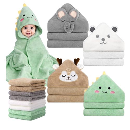CandyHome 12 PCS Baby Bath Towels Set for Infants Toddlers, 4 PCS Animal Hooded Baby Towels & 8 PCS Washcloths Set, Ultra Absorbent Cute Soft Newborn Essentials Gift for Boys & Girls
