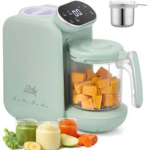 Chefhandy Baby Food Maker with Stainless Steel Steam Basket, 5-in-1 Baby Food Processor, Steamer & Blender, Auto Cooking, Pureeing, Reheating & Steam Cleaning, BPA-Free, 6 Reusable Pouches, Green