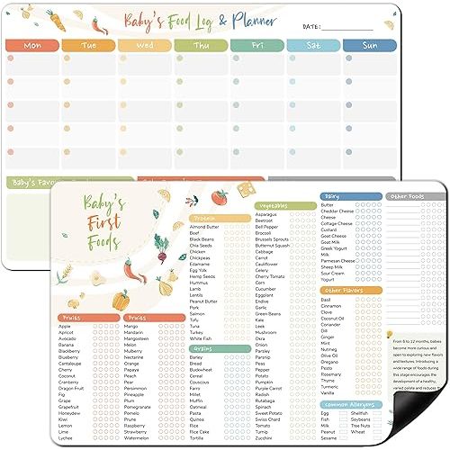 2 Pack Baby First Food Checklist, Baby Led Weaning Supplies, First Foods Tracker Fridge Magnet & Daily Food Log Meal Planner, 12"x8" Dry Erase Nutrition Poster, 101 Foods Before 1 Checklist Magnet