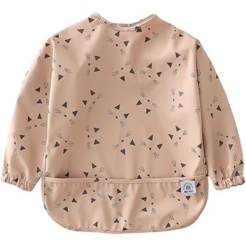 Waterproof Long Sleeve Baby Bib for Eating-Kitty Cats Pattern, Small-Toddler Smock with Catch-All Pocket, BPA Free, Machine Washable, Wearable Feeding Bib for Boys & Girls 6-72 Months
