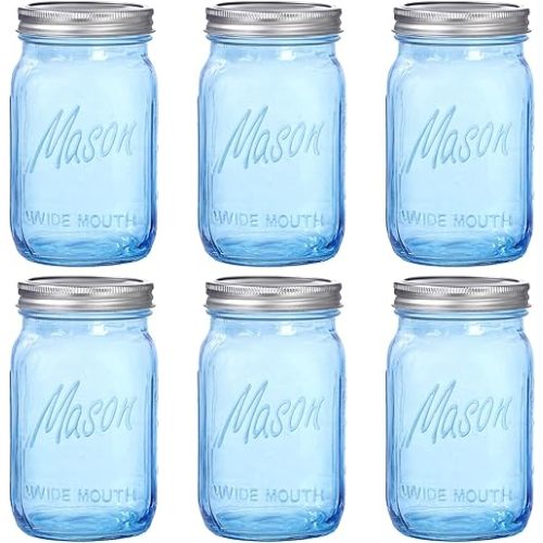 WELLIFE Wide Mouth Mason Jars,6 Pack Blue Mason Jars 32 OZ,Mason Jar for Decor Canning & DIY Crafts,Food Storage,Fermenting,Pickling,Meal Prep